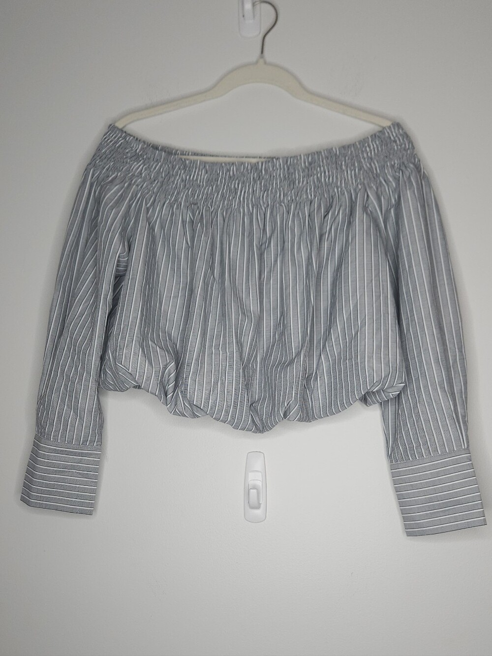 Lumiere Gray White Pinstripe Off-Shoulder Blouse